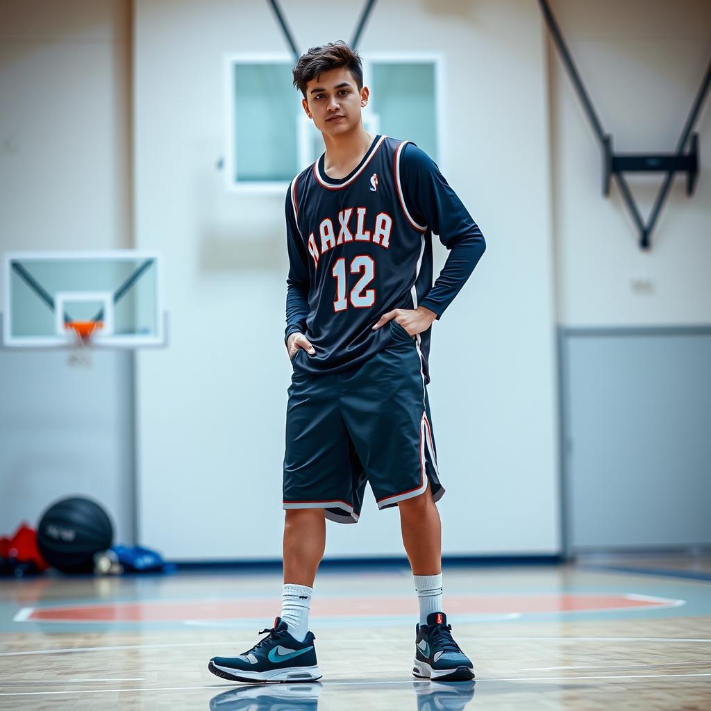 A 20-year-old Mexican heartthrob standing confidently, wearing a stylish long sleeve basketball jersey paired with comfortable shorts and trendy sneakers