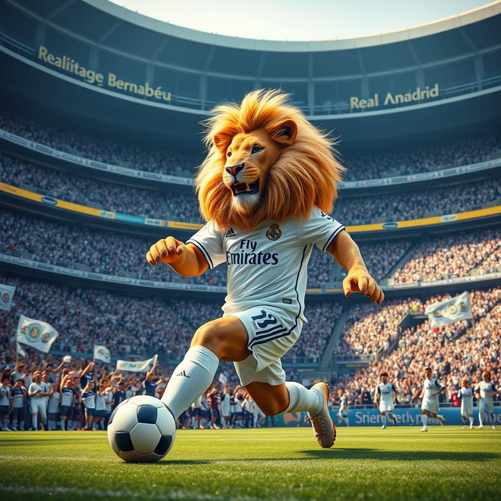 A majestic lion, with a golden mane that glimmers in the sunlight, enthusiastically playing football in the stadium of Real Madrid