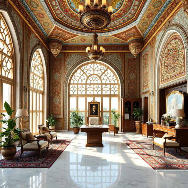 An office room featuring stunning Iranian classic architecture, showcasing beautifully ornate tile work and intricately carved wooden accents