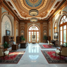 An office room featuring stunning Iranian classic architecture, showcasing beautifully ornate tile work and intricately carved wooden accents