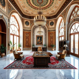 An office room featuring stunning Iranian classic architecture, showcasing beautifully ornate tile work and intricately carved wooden accents