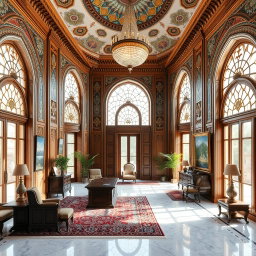 An office room featuring stunning Iranian classic architecture, showcasing beautifully ornate tile work and intricately carved wooden accents