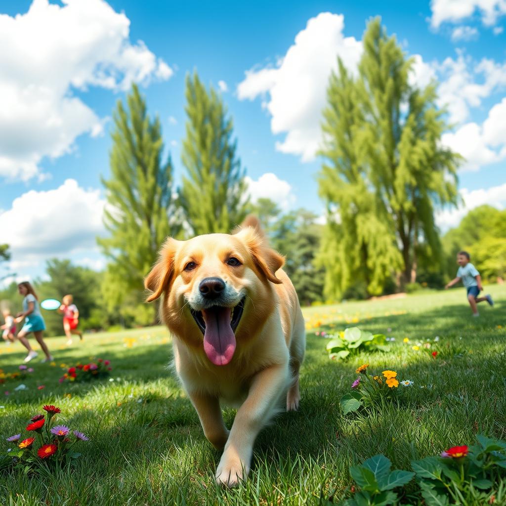 A lively golden retriever playing in a sunny park, its fur glistening in the sunlight, with a bright blue sky overhead and fluffy white clouds