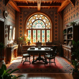 An office room featuring charming Iranian vintage architecture, characterized by warm wooden beams and vintage Persian tiles adorning the walls