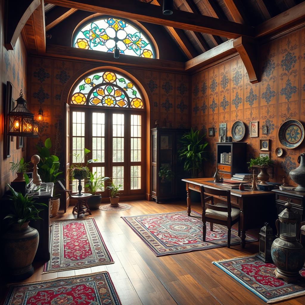 An office room featuring charming Iranian vintage architecture, characterized by warm wooden beams and vintage Persian tiles adorning the walls