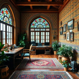 An office room featuring charming Iranian vintage architecture, characterized by warm wooden beams and vintage Persian tiles adorning the walls