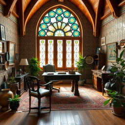 An office room featuring charming Iranian vintage architecture, characterized by warm wooden beams and vintage Persian tiles adorning the walls