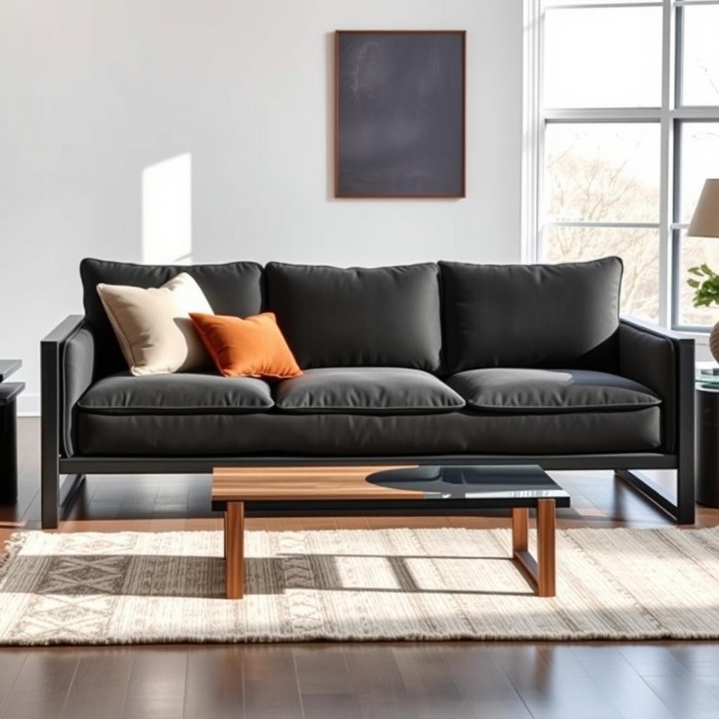 A modern black steel sofa with sleek lines and an industrial design