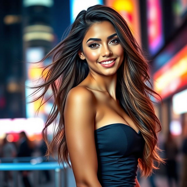 A stunningly attractive young woman with long flowing hair, wearing a form-fitting, glamorous dress that accentuates her curves