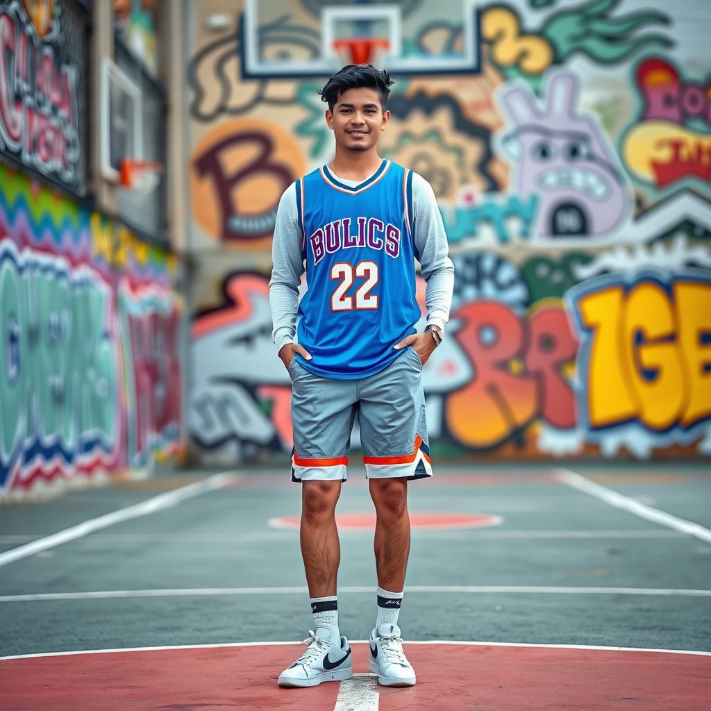 A 20-year-old Mexican heartthrob standing up with confidence, wearing a trendy long sleeve basketball jersey, casual shorts, and stylish sneakers