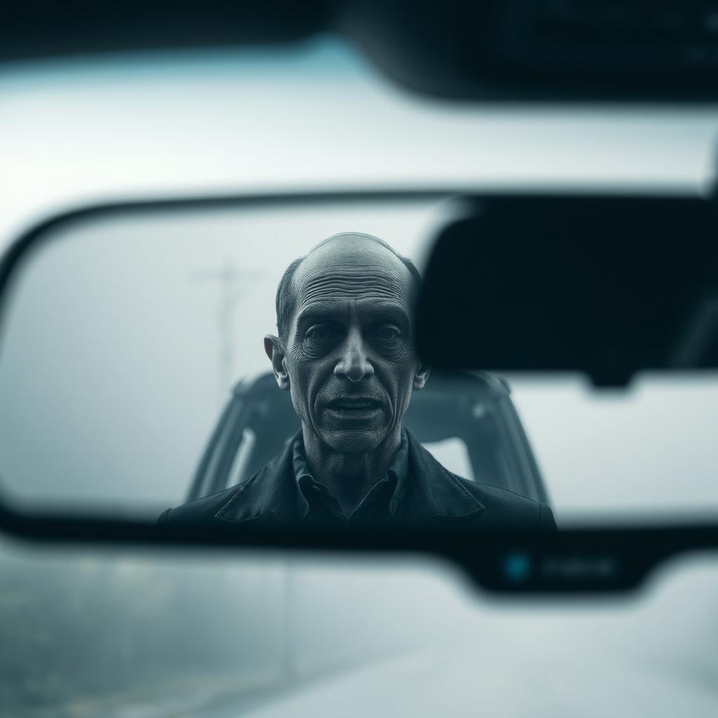 In the reflection of the rearview mirror, a tall and cadaverous figure looms behind the man
