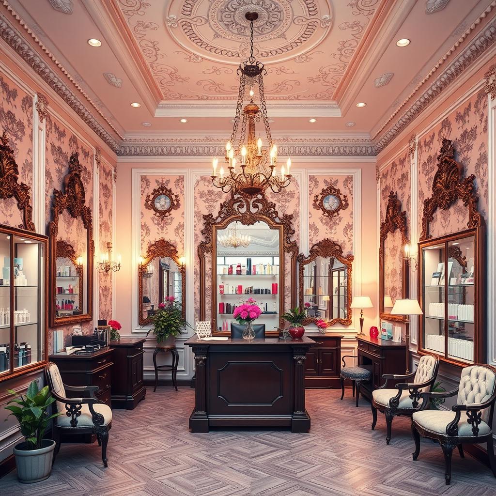 An office room designed for a cosmetic shop, featuring enchanting vintage architecture with high ceilings and ornate moldings