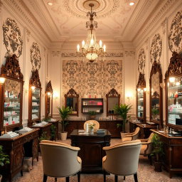 An office room designed for a cosmetic shop, featuring enchanting vintage architecture with high ceilings and ornate moldings