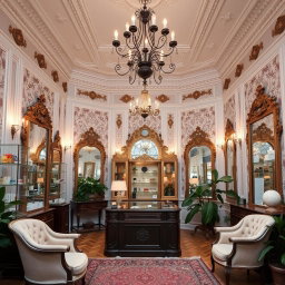 An office room designed for a cosmetic shop, featuring enchanting vintage architecture with high ceilings and ornate moldings