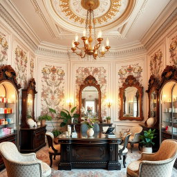 An office room designed for a cosmetic shop, featuring enchanting vintage architecture with high ceilings and ornate moldings