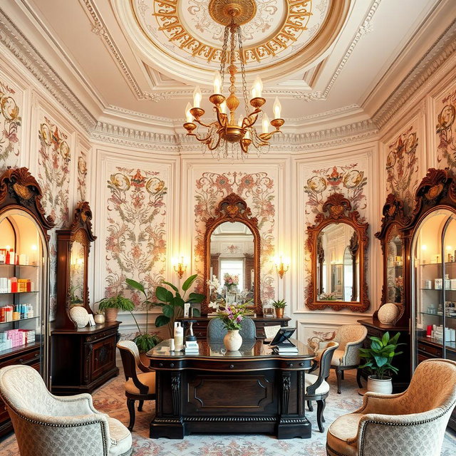 An office room designed for a cosmetic shop, featuring enchanting vintage architecture with high ceilings and ornate moldings