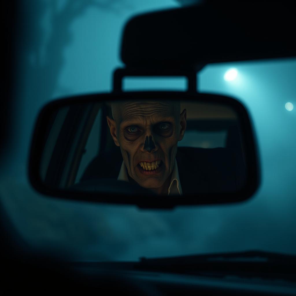 In the reflection of the rearview mirror, a tall and cadaverous figure looms menacingly behind the man