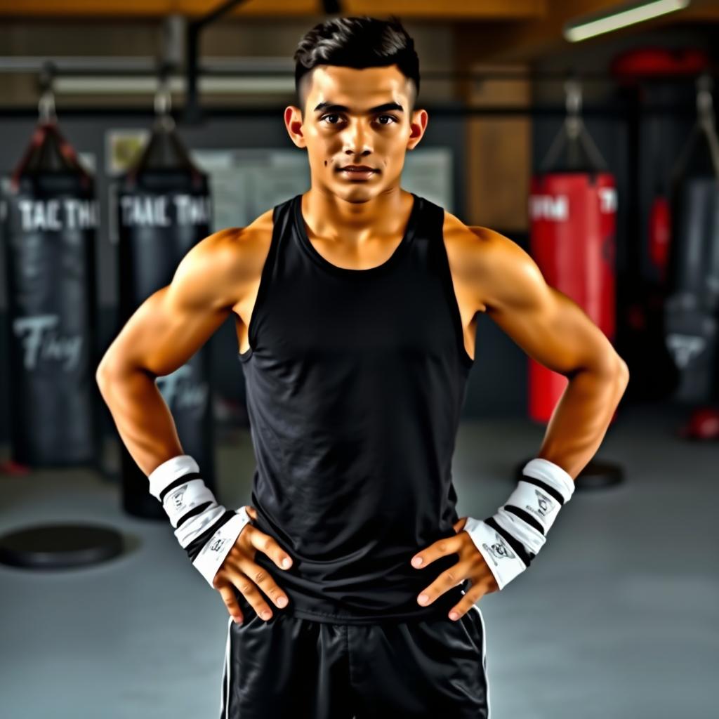 A 20-year-old Mexican Muay Thai kickboxer standing confidently, wearing a sleek black tank top and showcasing his well-toned physique