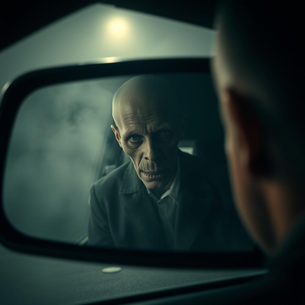 In the reflection of the rearview mirror, a tall, cadaverous figure appears ominously behind the man