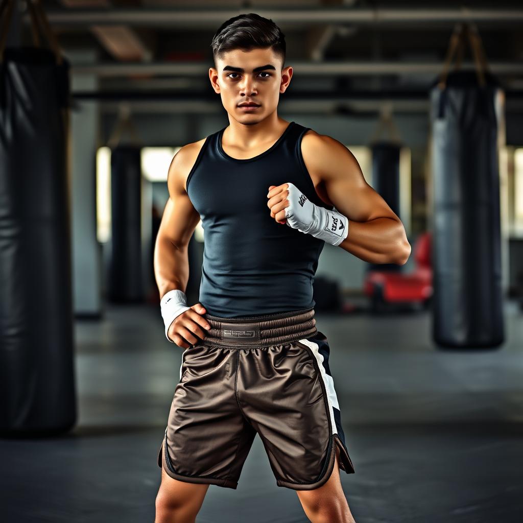 A 20-year-old Mexican Muay Thai kickboxer standing confidently, wearing a fitted black tank top and traditional Muay Thai short shorts, showcasing his athletic build