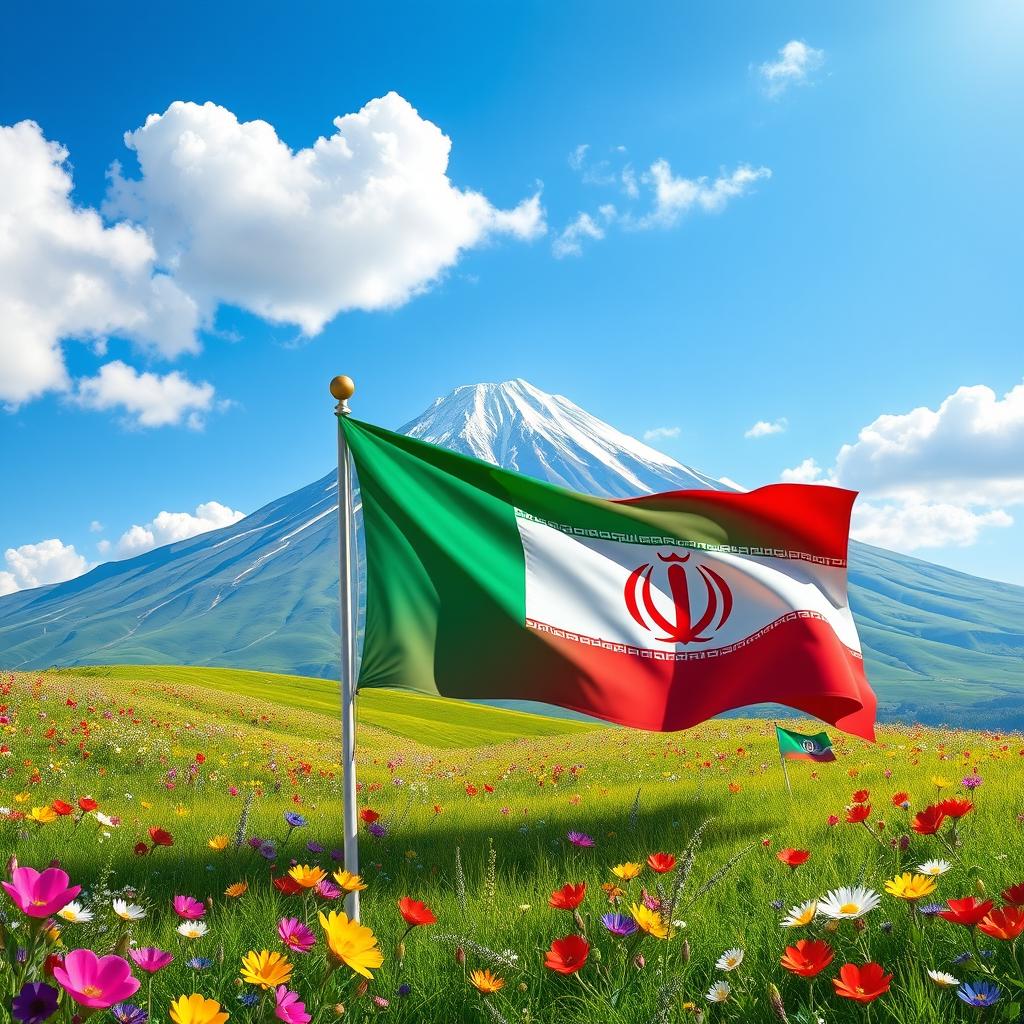 A vibrant 2D visualization of Mount Damavand during the spring season, highlighting the stunning natural beauty of the landscape