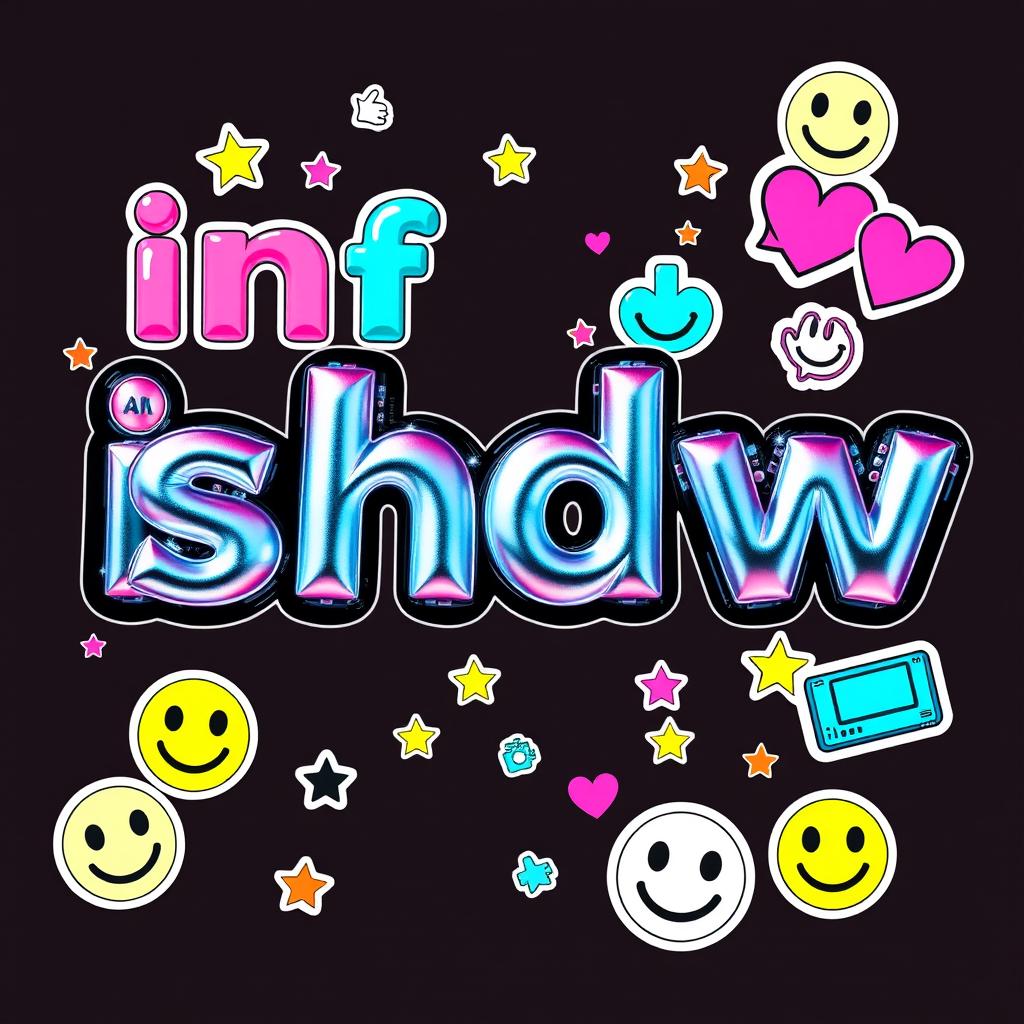 A vibrant and eye-catching design titled "info shdw" featuring metallic text in a mix of pink, blue, and white colors