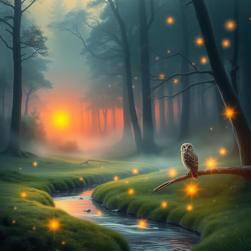 A serene and ethereal landscape depicting the concept of intuition, featuring a mystical forest shrouded in soft, glowing mist