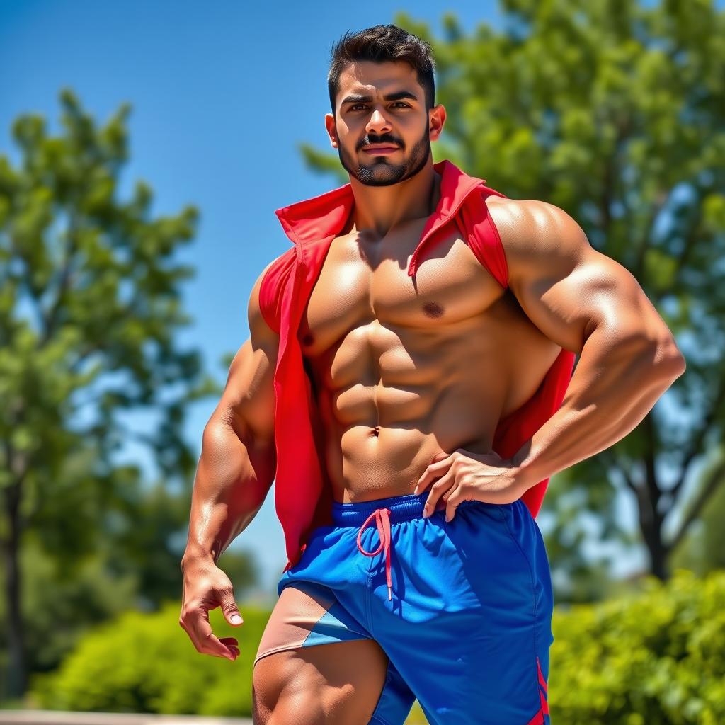 A muscular 38-year-old bodybuilder standing proudly, wearing a bright red jacket and eye-catching blue shorts