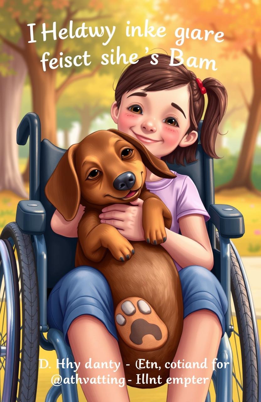 A heartwarming scene capturing a dachshund dog with a distinct scar on her paw, peacefully lying across the legs of a ten-year-old girl who is cheerful and smiling, seated in a wheelchair