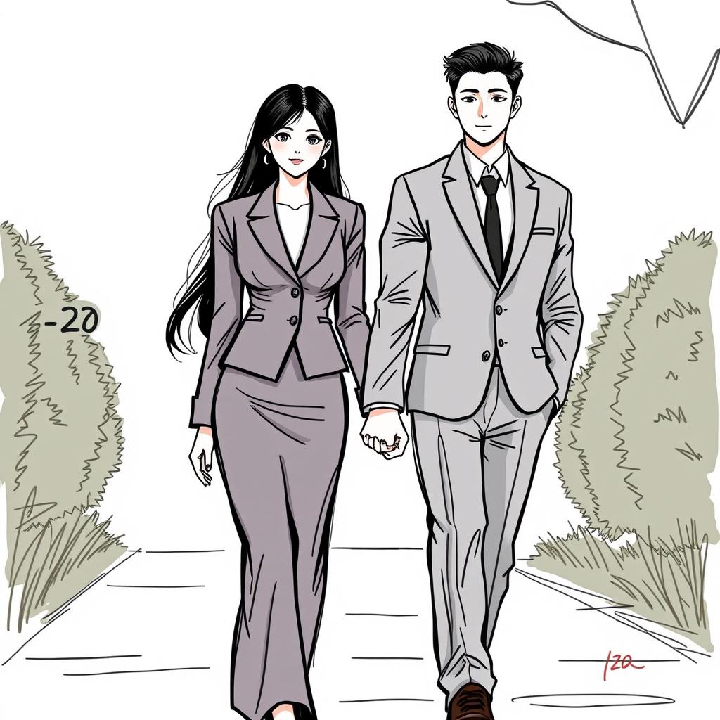 A sketch of a manhwa-style couple: a beautiful, assertive woman, 160 cm tall with long waist-length black hair, dressed in an elegant formal outfit