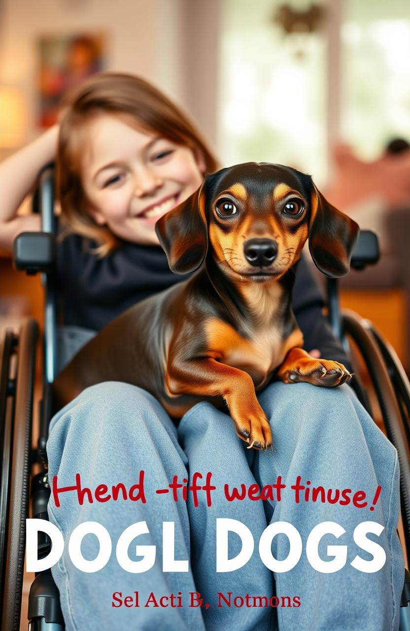 A heartwarming scene featuring a dachshund dog, with a distinct scar on her paw, comfortably lying on the legs of a ten-year-old girl in a wheelchair