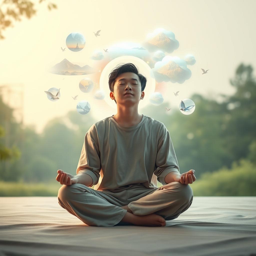 A person sitting cross-legged in a calm and serene environment, their eyes closed, deeply concentrating and visualizing a vivid future event