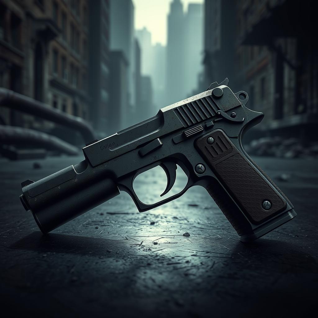 A highly detailed close-up of a gun inspired by Resident Evil 2, featuring a realistic design with intricate textures and weathering