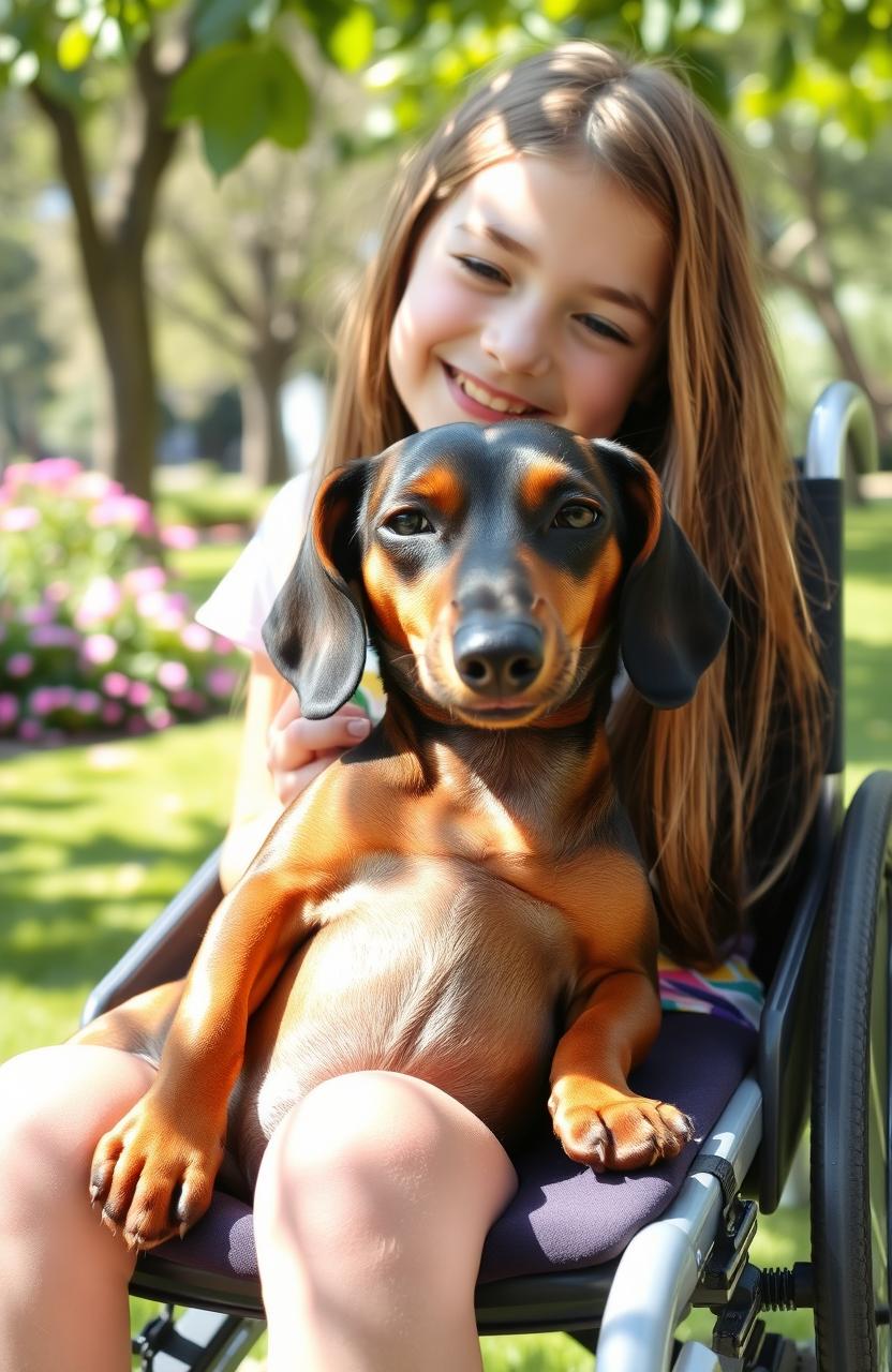 A cute dachshund dog with a noticeable scar on her paw, peacefully lying on the legs of a smiling ten-year-old girl sitting in a wheelchair