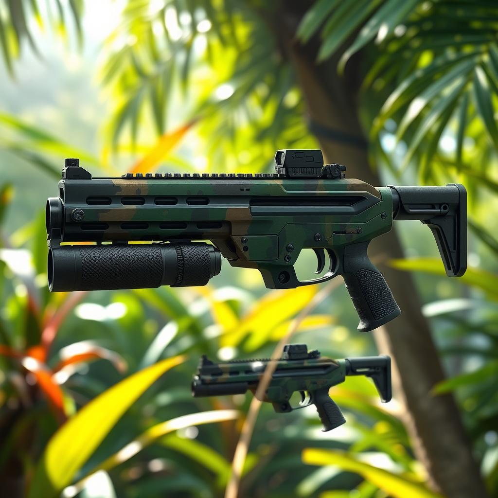 A concept design of a unique weapon inspired by the Resident Evil 2 Remake, featuring a sleek, ergonomic frame adapted for tropical environments