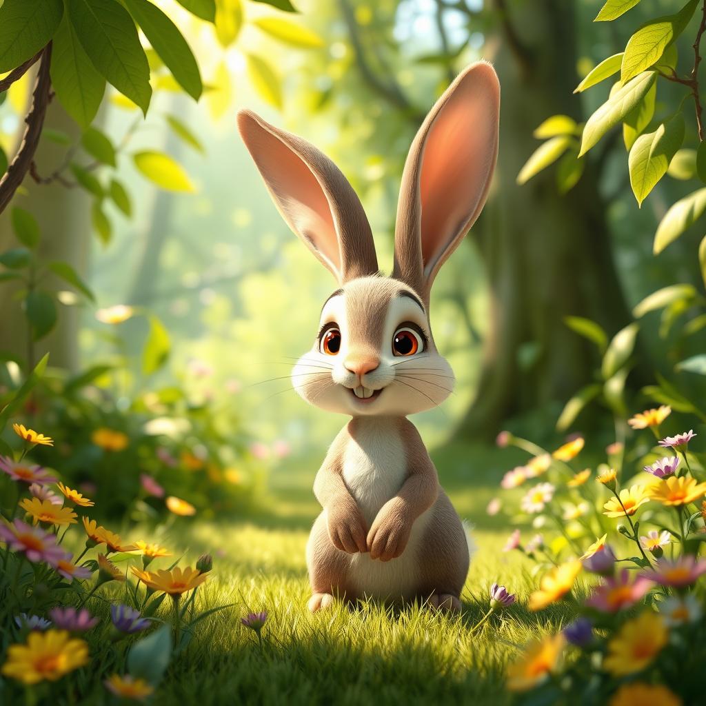 A lively, open forest scene featuring a single rabbit with an expressive face, surrounded by vibrant greenery