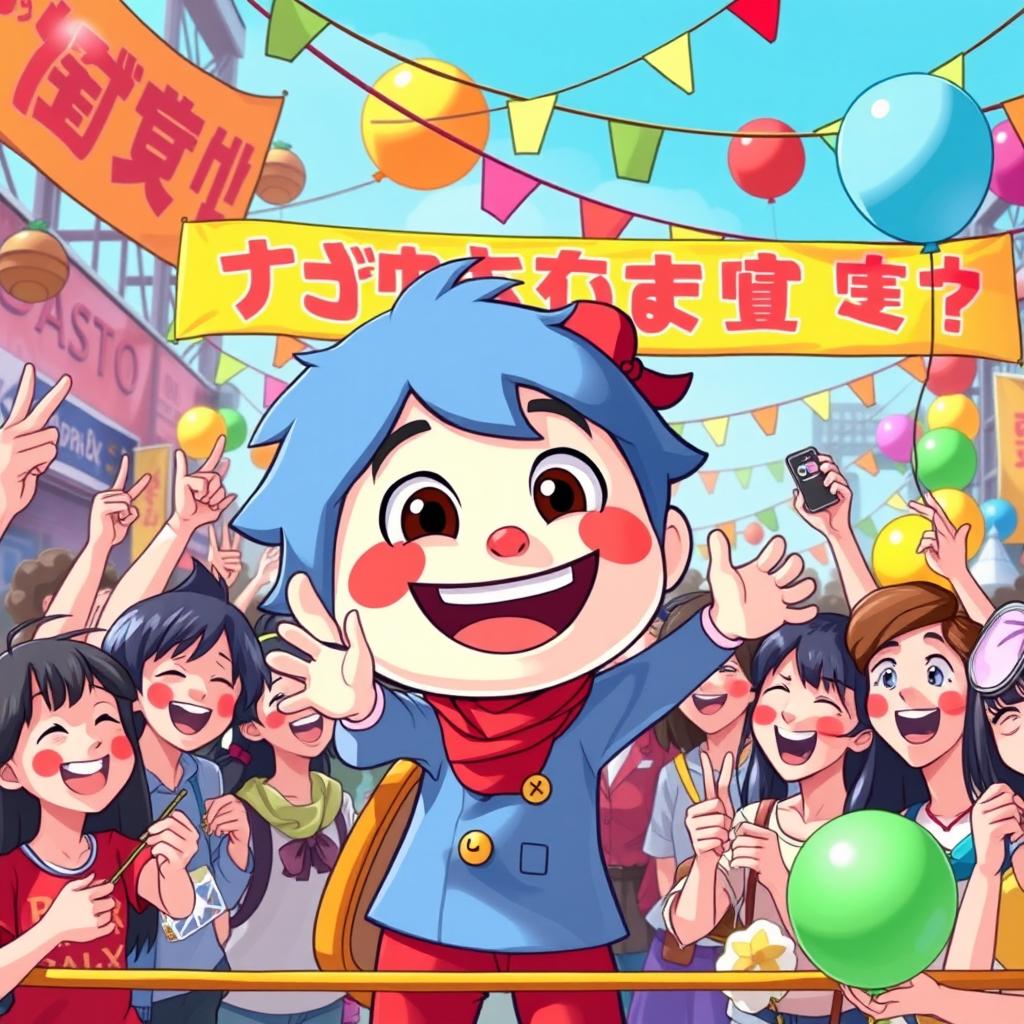 A vibrant and colorful scene featuring a cartoon character inspired by Momo, playfully interacting with a group of excited fans in a lively festival atmosphere