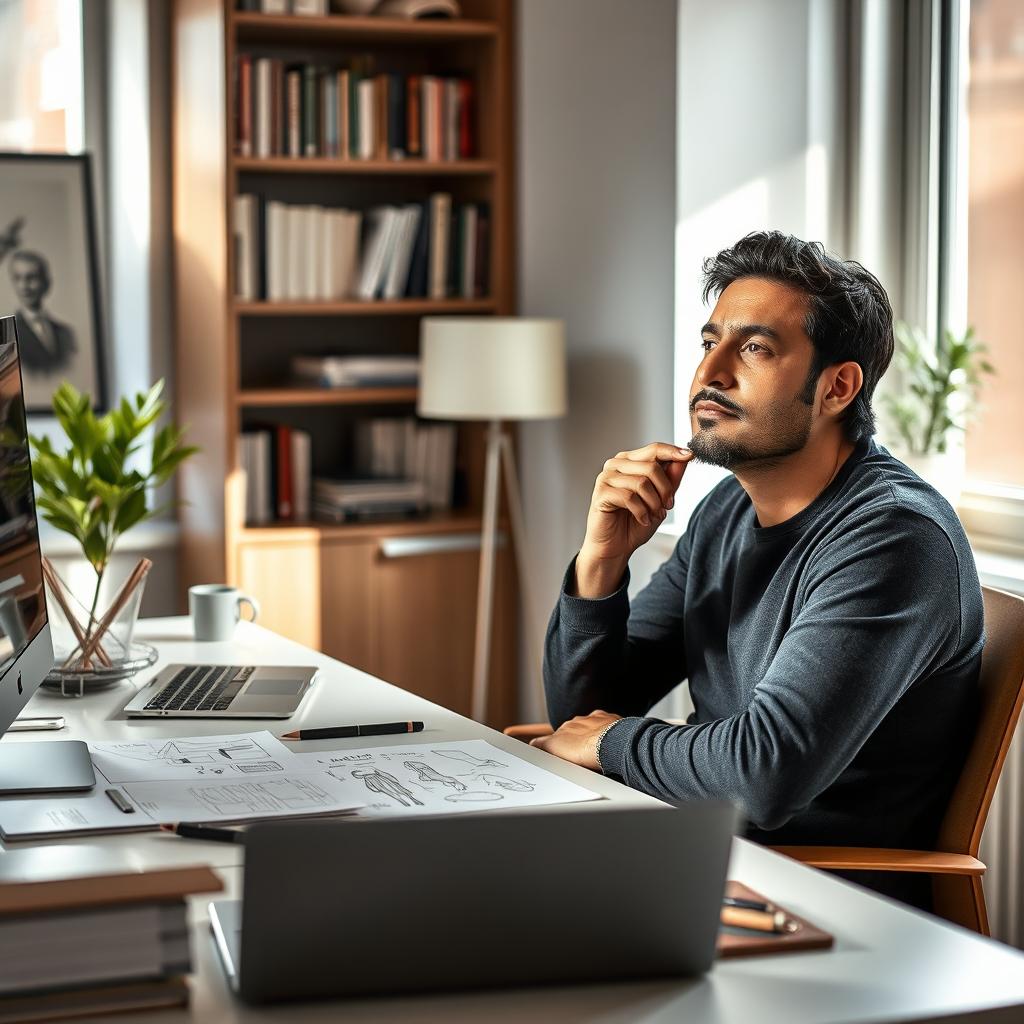 A person sitting at a modern desk, with a thoughtful expression on their face as they intuitively grasp a brilliant idea