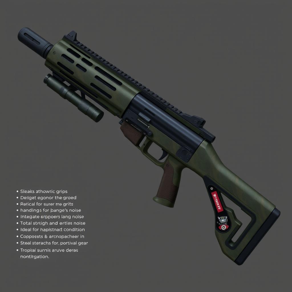 A weapon design inspired by the combat aesthetics of Resident Evil 2 Remake, featuring a sleek, futuristic firearm optimized for tropical environments
