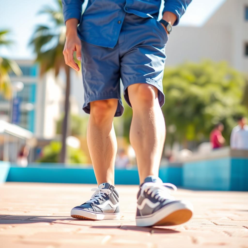 A 29-year-old Mexican man dressed in a stylish blue long-sleeve shirt and comfortable shorts, complemented by trendy sneakers