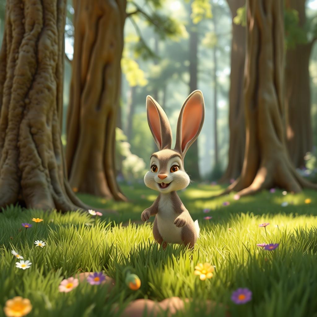 A lively, open forest scene featuring a single rabbit, depicted in a vibrant and whimsical Pixar-style 3D animation