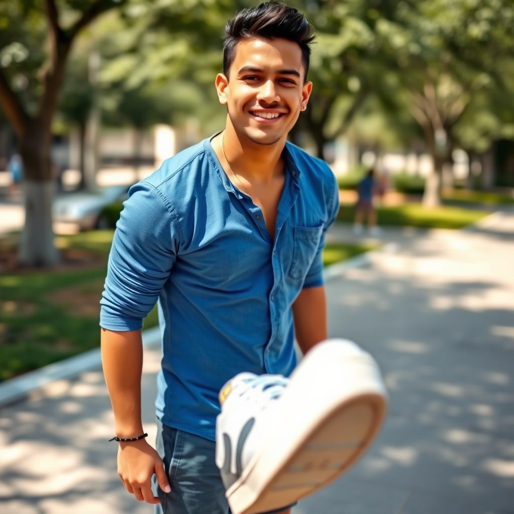 A 29-year-old tan-skinned Mexican man dressed in a stylish blue long-sleeve shirt and comfortable shorts, paired with trendy sneakers