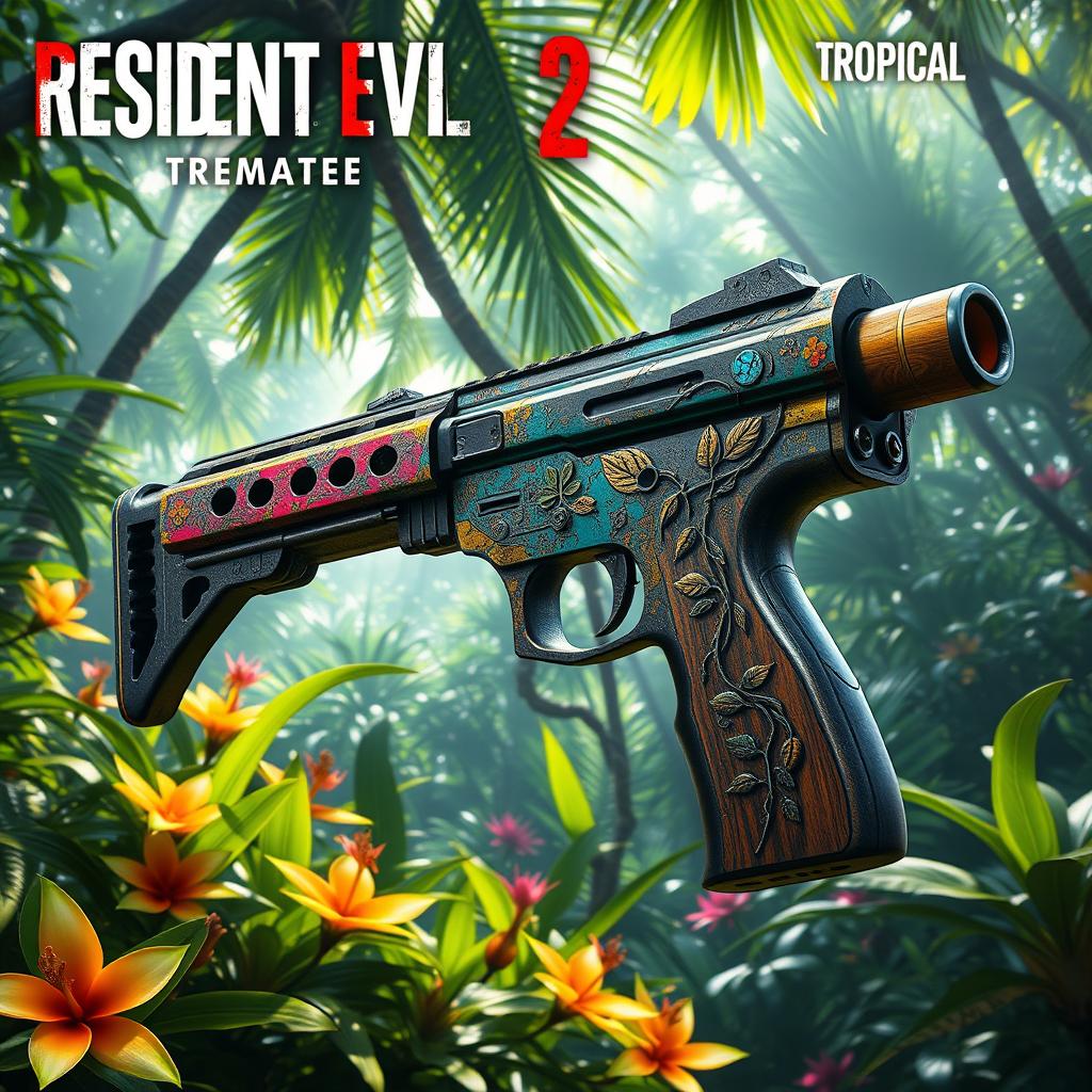 A highly detailed concept design of a weapon inspired by Resident Evil 2 Remake, ideal for tropical environments