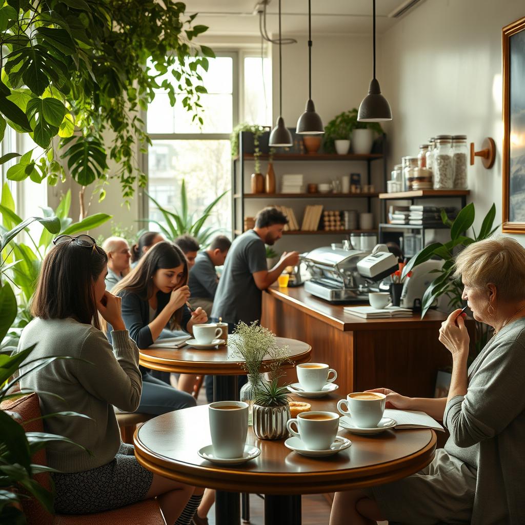 A serene and cozy café setting where people are enjoying their coffee, surrounded by lush greenery and beautiful decor