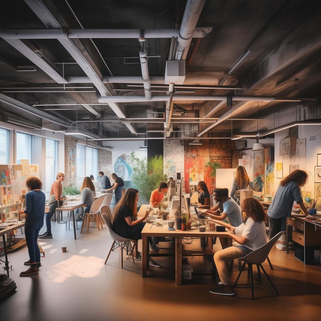 A vibrant and creative co-working space brimming with designers, artists, and creatives of various disciplines. The space shows diverse people sharing ideas, collaborating on projects, and pushing the boundaries of visual expression.