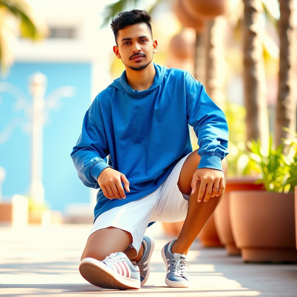 A 29-year-old tan-skinned Mexican man wearing an oversized blue long-sleeve shirt paired with comfortable shorts and trendy sneakers
