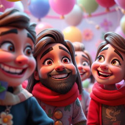 A vibrant 3D animated scene featuring expressive characters with a wide range of facial expressions that convey emotions like joy, surprise, and curiosity