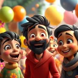 A vibrant 3D animated scene featuring expressive characters with a wide range of facial expressions that convey emotions like joy, surprise, and curiosity