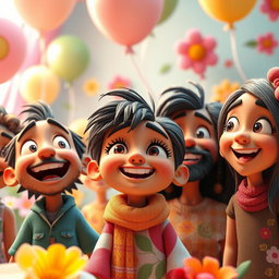 A vibrant 3D animated scene featuring expressive characters with a wide range of facial expressions that convey emotions like joy, surprise, and curiosity