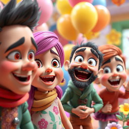 A vibrant 3D animated scene featuring expressive characters with a wide range of facial expressions that convey emotions like joy, surprise, and curiosity